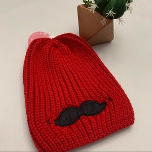 NWT- Toque Beanie Hat - Unisex - Red “Mustache” embroidered patch Cotton